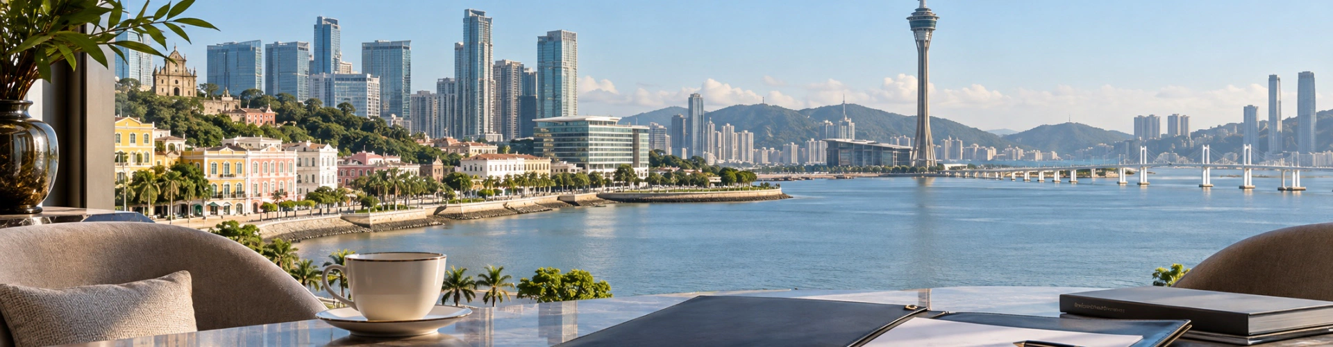 澳门城市商务景观与公司注册文件概念图