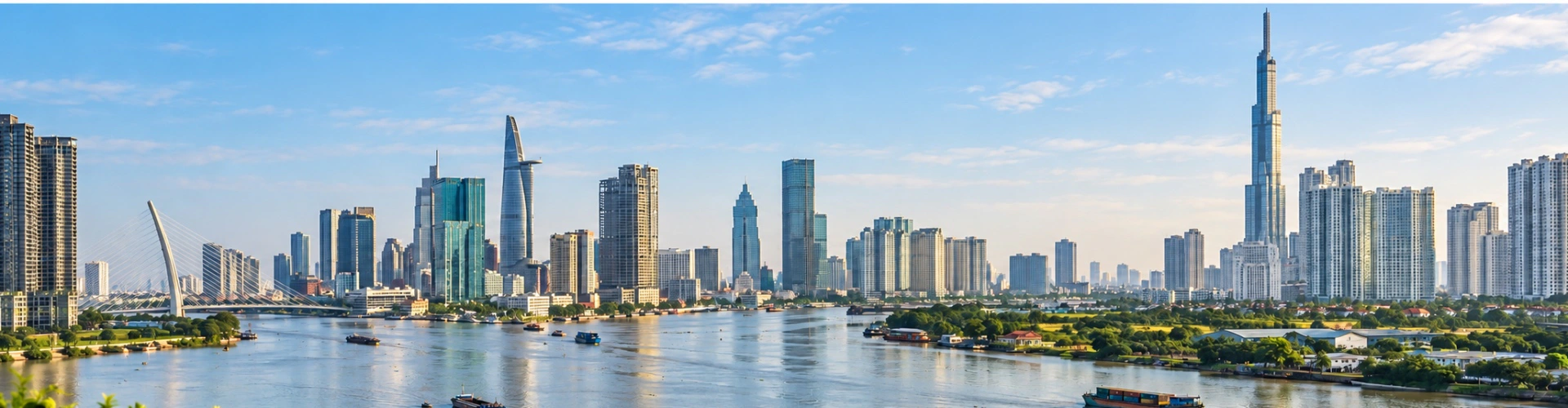 越南胡志明市商务天际线与西贡河全景